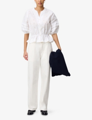 CLAUDIE PIERLOT: Puff-Sleeved Floral-Embroidered Cotton Blouse