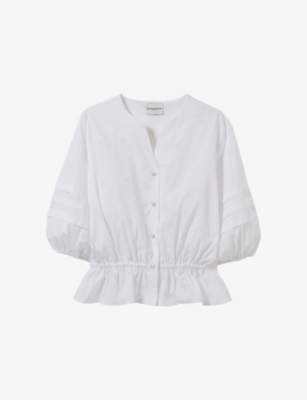 CLAUDIE PIERLOT: Puff-Sleeved Floral-Embroidered Cotton Blouse