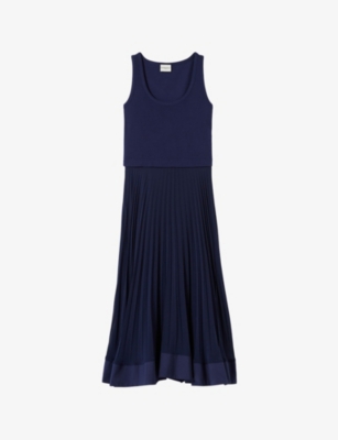 Claudie Pierlot Womens Bleus Scoop-neck Pleated-skirt Cotton Maxi Dress In Bleus