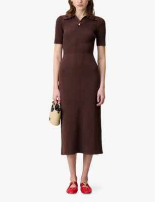 Claudie Pierlot Womens  Short-sleeved Ribbed Knitted Midi Dress In Bruns
