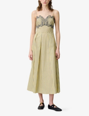 Claudie Pierlot Womens  Floral-embroidered Scoop-neck Cotton Maxi Dress