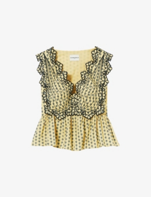 CLAUDIE PIERLOT: Floral-Embroidered V-Neck Sleeveless Cotton Top
