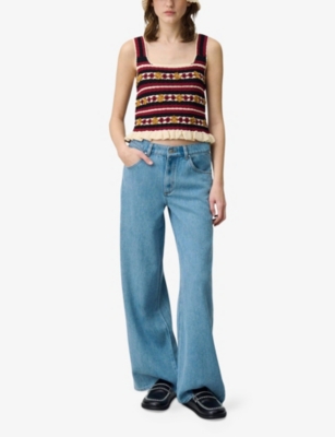 Claudie Pierlot Womens Divers Flower-embroidered Wide-strap Crochet Top In Multi