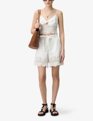 Claudie Pierlot Womens Naturels Embroidered-hem Elasticated-waist Linen-blend Shorts
