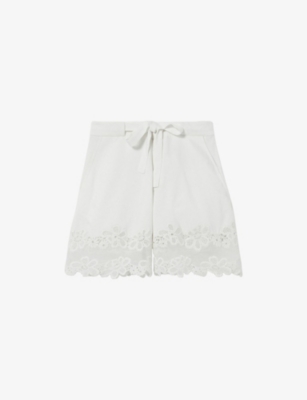 Claudie Pierlot Womens Naturels Embroidered-hem Elasticated-waist Linen-blend Shorts