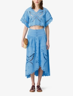 Claudie Pierlot Womens Bleus Butterfly-embroidered Relaxed-fit Cotton Top In Blue