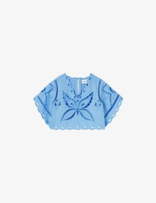Claudie Pierlot Womens Bleus Butterfly-embroidered Relaxed-fit Cotton Top In Blue