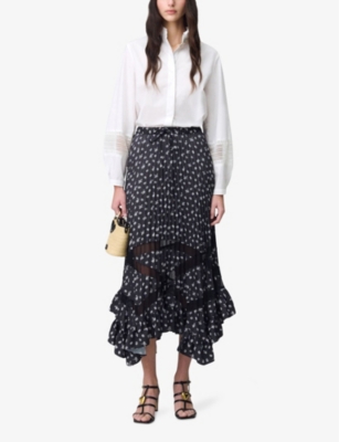 CLAUDIE PIERLOT: Floral-Print Ruffle-Trim Woven Midi Skirt