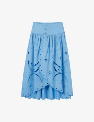Claudie Pierlot Womens Bleus Embroidered Button-down Cotton Midi Skirt
