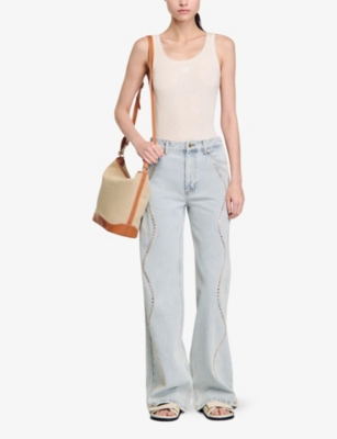Sandro Womens Naturels Ribbed Picot-trim Knitted Top In Naturels