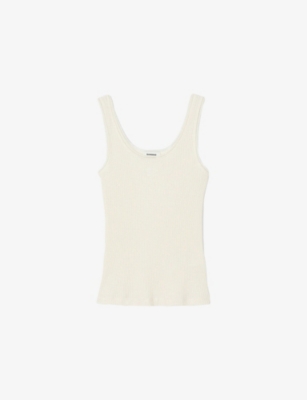 Sandro Womens Naturels Ribbed Picot-trim Knitted Top In Naturels