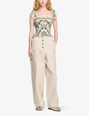 SANDRO: Floral-Print Smocked Woven Top