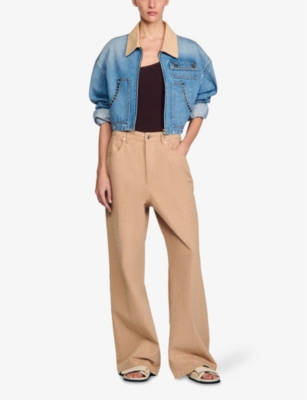 SANDRO: Contrast-Collar Stud-Embellished Cropped Denim Jacket