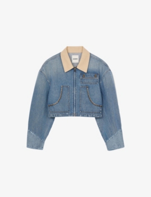 SANDRO: Contrast-Collar Stud-Embellished Cropped Denim Jacket