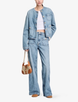 Sandro Womens Patch-pocket Straight-leg Denim Jeans Bleus In Bleus