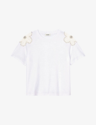 Sandro Womens Naturels Flower-embroidered Short-sleeve Cotton T-shirt