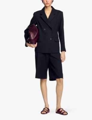 SANDRO WOMENS NOIR / GRIS DOUBLE-BREASTED NOTCH-LAPEL LINEN-BLEND BLAZER 