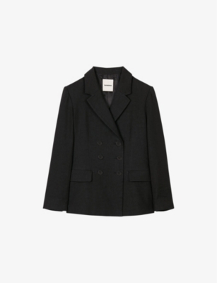 SANDRO WOMENS NOIR / GRIS DOUBLE-BREASTED NOTCH-LAPEL LINEN-BLEND BLAZER 