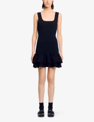 SANDRO: Ruffled-Hem Square-Neck Stretch-Knit Mini Dress
