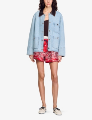 SANDRO: Four-Pocket Leather-Collar Denim Jacket