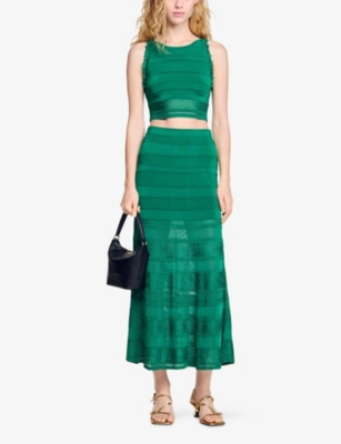SANDRO: High-Rise Decorative-Stitch Knitted Midi Skirt