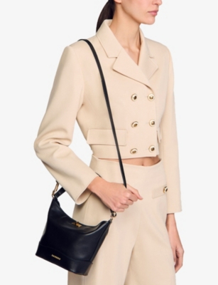 Sandro Small Leather Bucket Bag In Noir / Gris