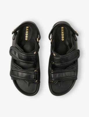 Sandro Womens  Logo-plaque Double-strap Leather Sandals In Noir / Gris