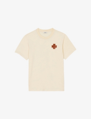 Sandro Mens Naturels Cross Patch Round-neck Cotton T-shirt Xs In Naturels