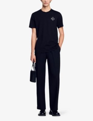 Sandro Mens  Cross Patch Round-neck Cotton T-shirt In Noir / Gris