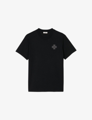 Sandro Mens  Cross Patch Round-neck Cotton T-shirt In Noir / Gris