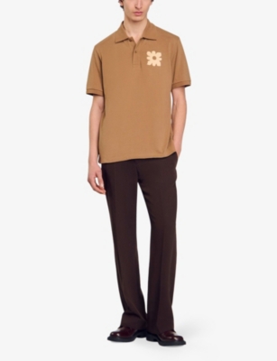 Sandro Mens Naturels Flower-appliqué Short-sleeved Cotton Polo Shirt