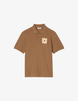 Sandro Mens Naturels Flower-appliqué Short-sleeved Cotton Polo Shirt