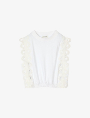 Shop Sandro Womens Naturels Lace-trim Cropped Cotton Top