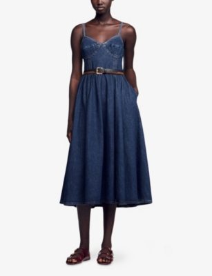 SANDRO WOMENS BLEUS SOPHIE CORSET DENIM MIDI DRESS 