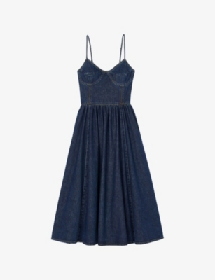 Shop Sandro Womens Bleus Sophie Corset Denim Midi Dress