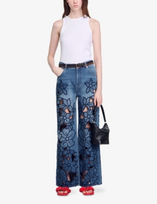 Sandro Womens Bleus Flower-embroidered Straight-leg Jeans