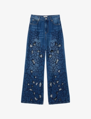Sandro Womens Bleus Flower-embroidered Straight-leg Jeans