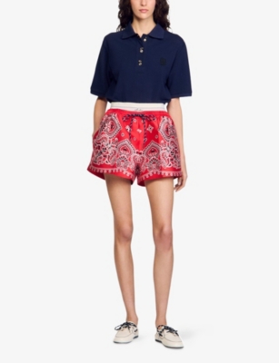 Sandro Womens Bleus Button-embellished Embroidered Cotton Polo Shirt