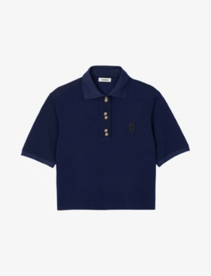 Sandro Womens Bleus Button-embellished Embroidered Cotton Polo Shirt