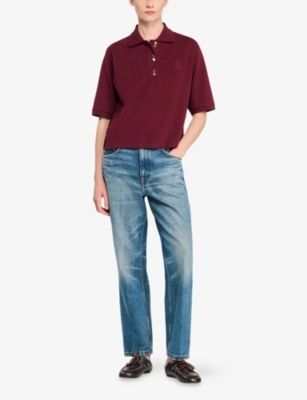 Sandro Womens Bordeaux Button-embellished Embroidered Cotton Polo Shirt In Burgundy