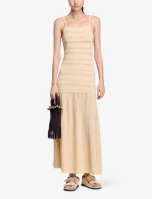 Sandro Womens Naturels Pointelle-pattern Flared-hem Stretch-knit Maxi Dress In Naturels