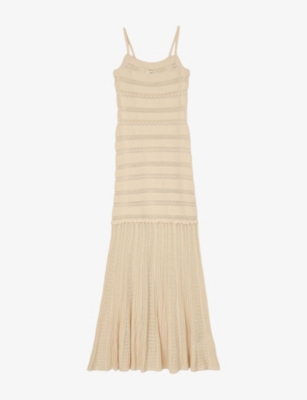 Sandro Womens Naturels Pointelle-pattern Flared-hem Stretch-knit Maxi Dress In Naturels