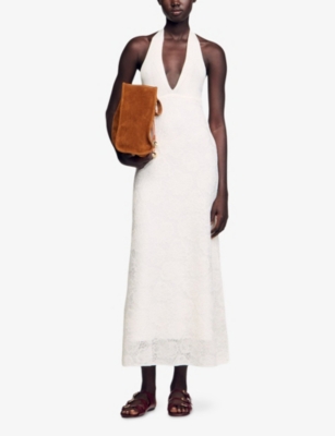 Sandro Womens Naturels Halterneck Knitted Maxi Dress In White