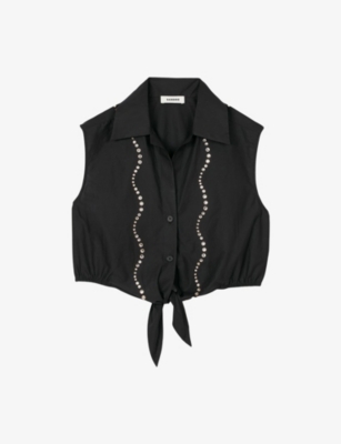 Sandro Womens Noir / Gris Rhinestone-embellished Tie-waist Cotton Shirt