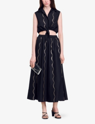 SANDRO: Rhinestone-Embellished Wave-Pattern Cotton Maxi Skirt