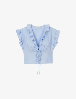 SANDRO: Rhinestone-Embellished Ruffled-Trim Cotton Top