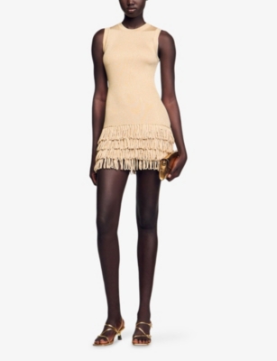 SANDRO: Shimmer-Knit Fringed-Trim Knitted Mini Dress