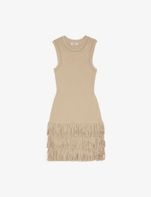 SANDRO: Shimmer-Knit Fringed-Trim Knitted Mini Dress