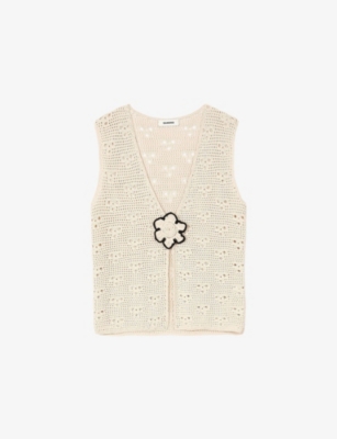 Sandro Womens Naturels Flower-embroidered V-neck Sleeveless Crochet Cardigan