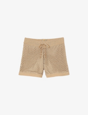 SANDRO WOMENS NATURELS DRAWSTRING-WAIST SEQUIN-EMBELLISHED KNITTED SHORTS 